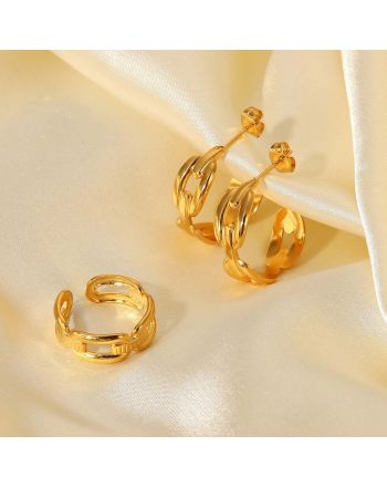 18K Gold Plated Classic Hollow Chain C Hoop Earrings and Ring | JDE835