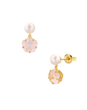 925 Silver Flower Rose Quartz Pearl Drop Earrings | TB1459