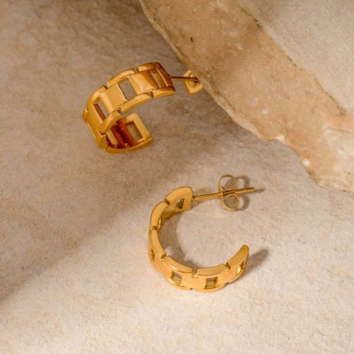 18K Gold Plated Hollow Chain C Hoop Earrings | JDE388