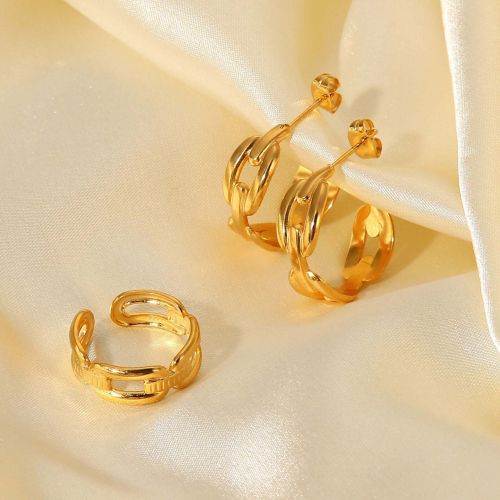 18K Gold Plated Classic Hollow Chain C Hoop Earrings and Ring | JDE835