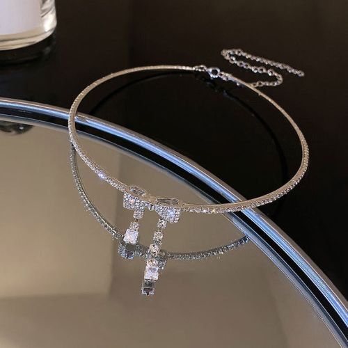 Classic Bow CZ Tassel Choker Necklace | HN2968