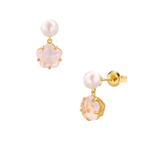 925 Silver Flower Rose Quartz Pearl Drop Earrings | TB1459