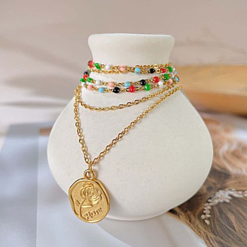 Gold Coin Flower Layered Chain Necklace | GX2310